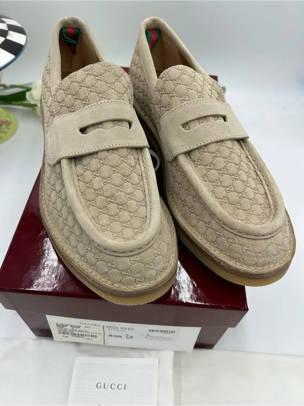Men's Gucci suede GG monogram web loafers size 9 fits 9.5 US made in Italy